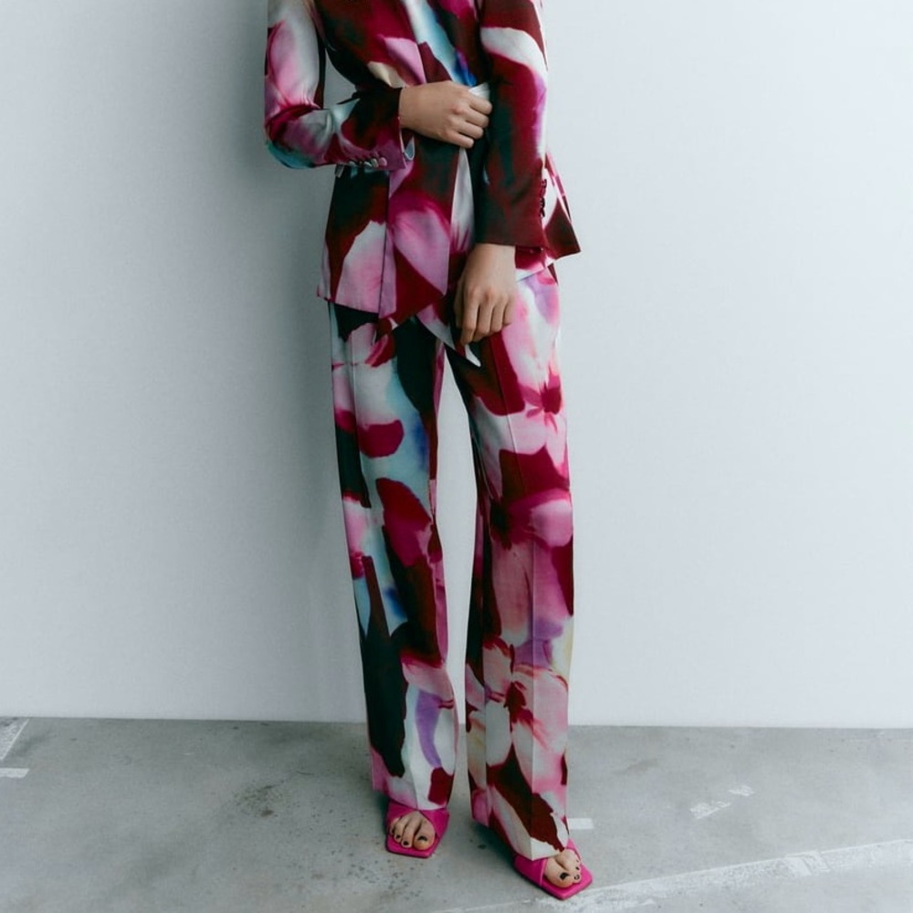 ZARA Satin Floral Print Palazzo Pant Trousers